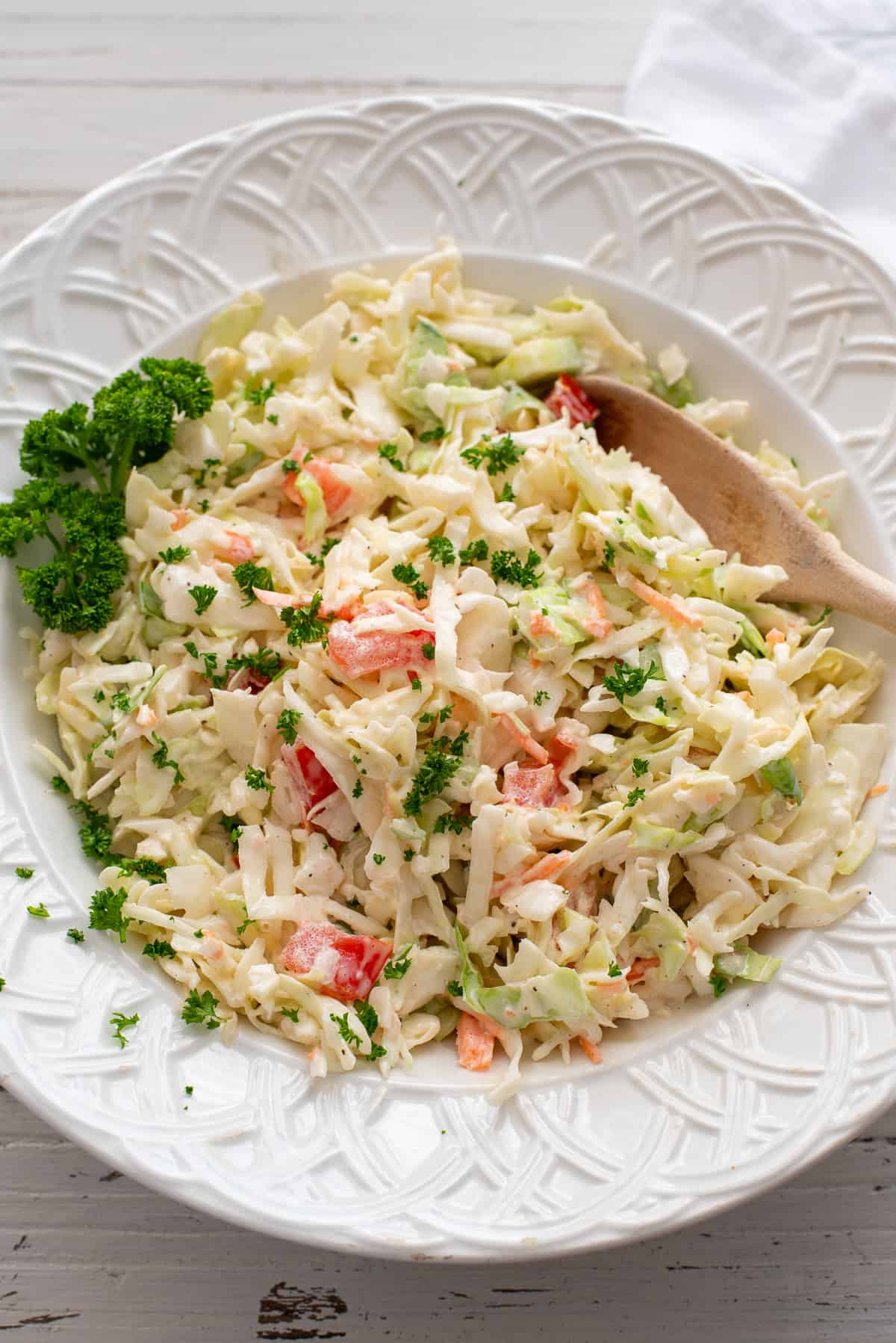 coleslaw in white bowl.