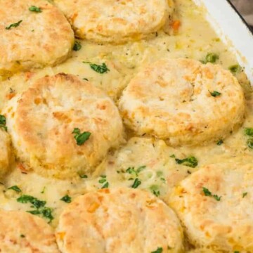 southern casserole with biscuits on top.