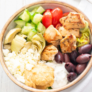 square image of Greek chicken bowl