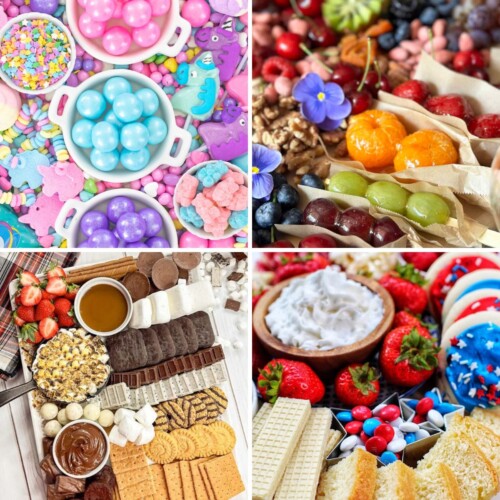 square collage of dessert charcuterie boards.