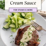 steak topped with gorgonzola cream sauce with recipe title in text overlay