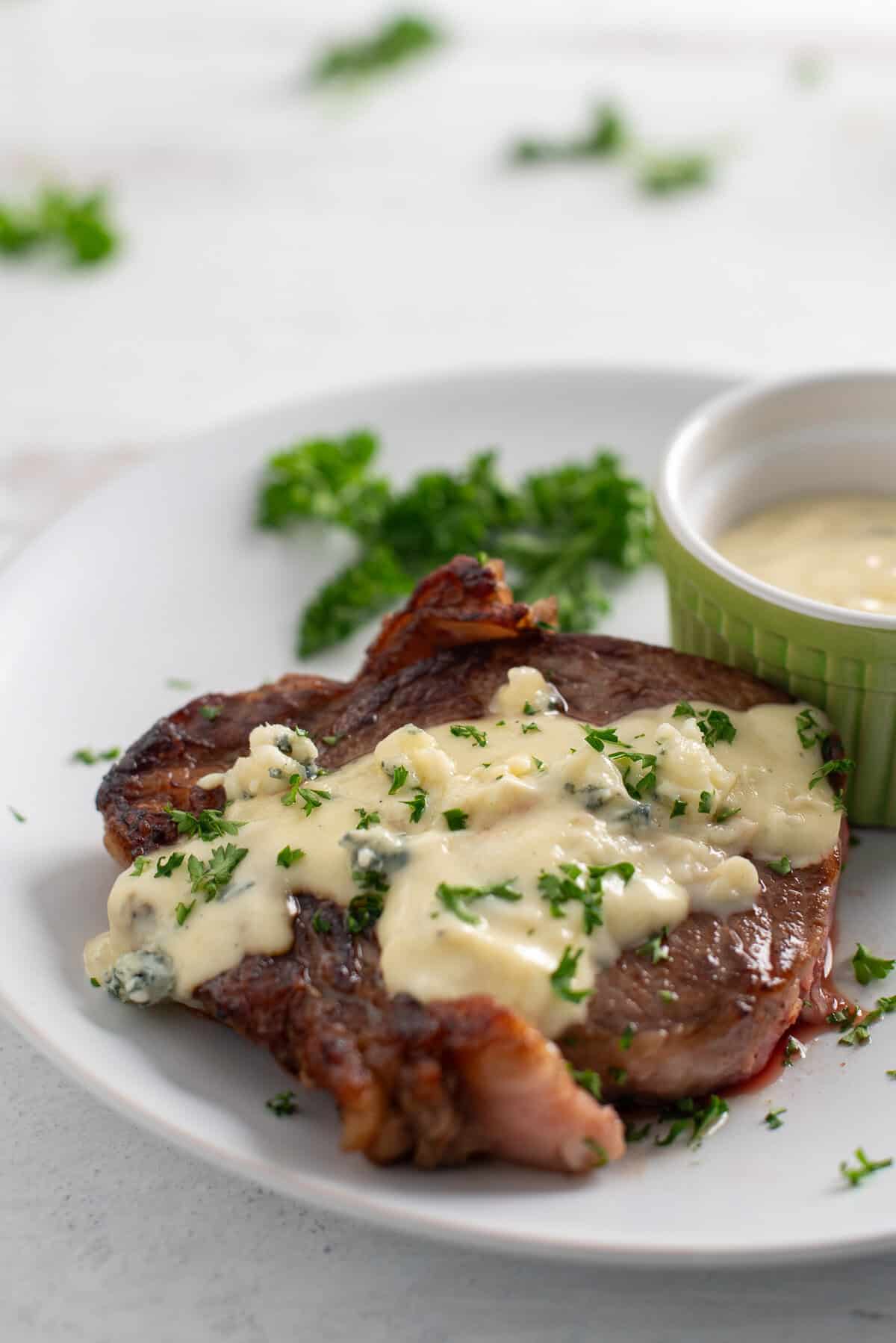creamy gorgonzola sauce poured over a steak on a white plate
