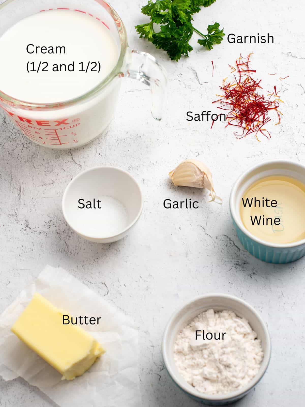 overhead shot of ingredients for creamy saffron sauce.