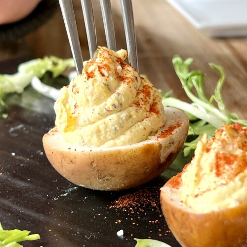 smoked deviled eggs in restaurant.
