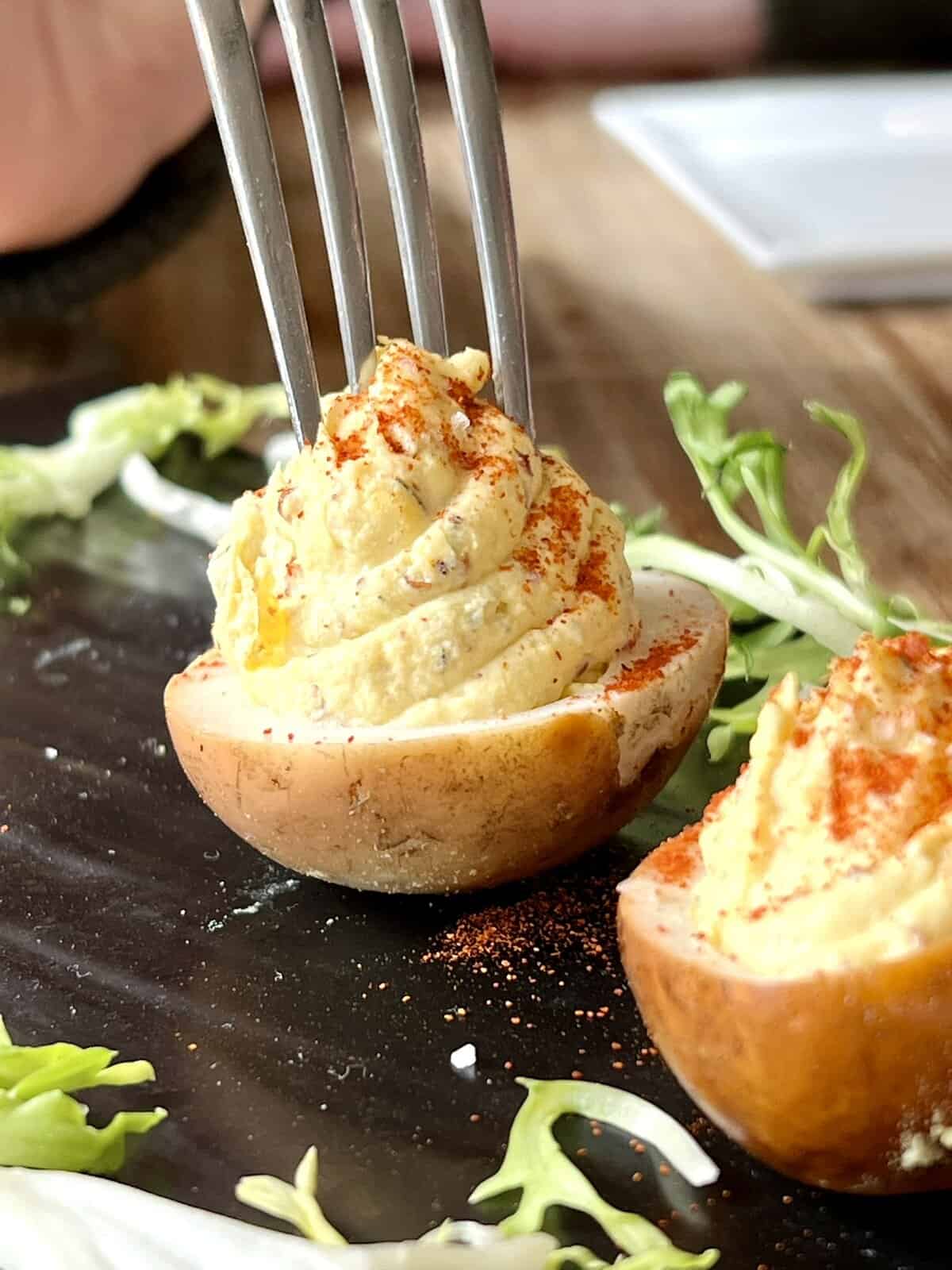 smoked deviled eggs in restaurant.