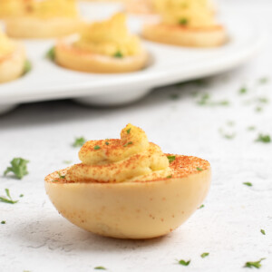 close up of smoked deviled eggs.