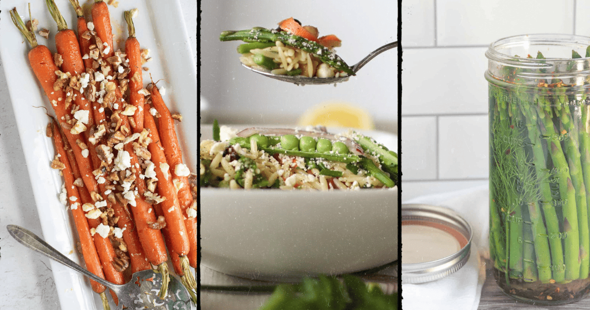 collage of recipes with spring vegetables including carrots, asparagus, and peas.