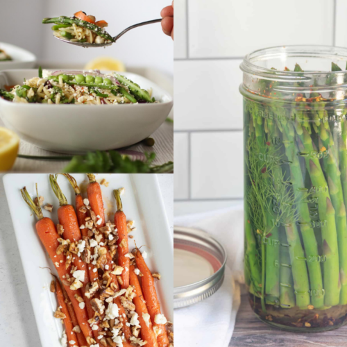 collage with 3 spring vegetable recipes