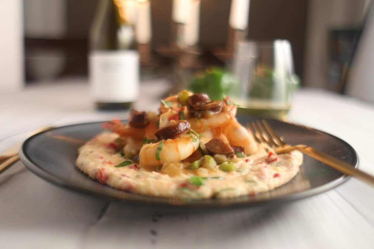 shrimp and grits on a plate. 