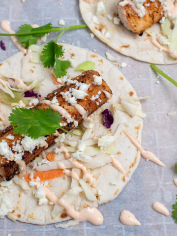overhead shot of blackened fish tacos.