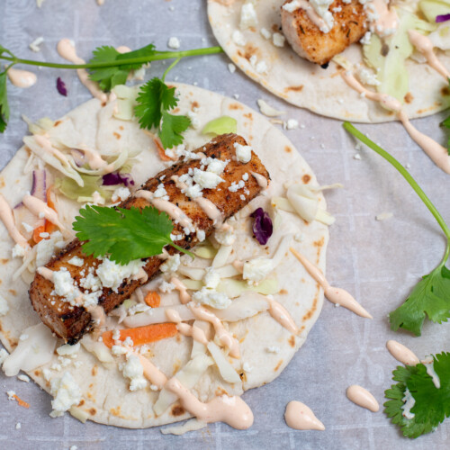 overhead shot of blackened fish tacos.
