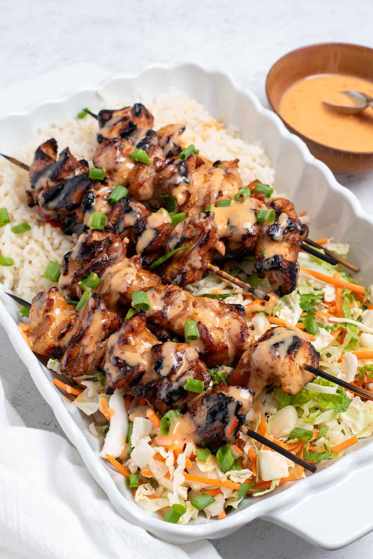 grilled bang bang chicken on skewers