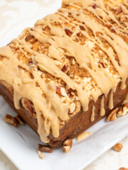 overhead shot of glazed butter pecan pound cake.