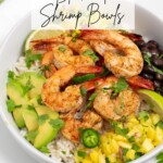 blackened shrimp burrito bowl with recipe name in text overlay