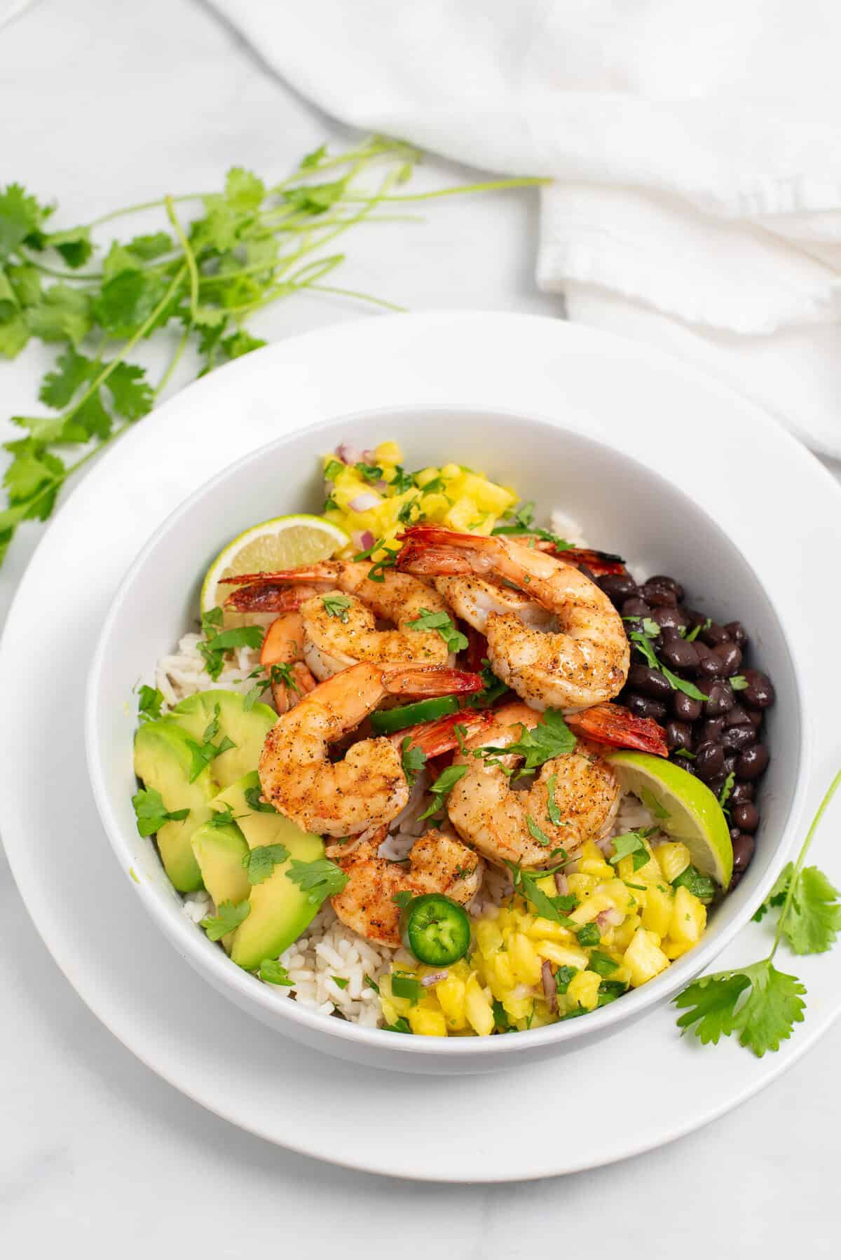 shrimp burrito bowl with pineapple salsa