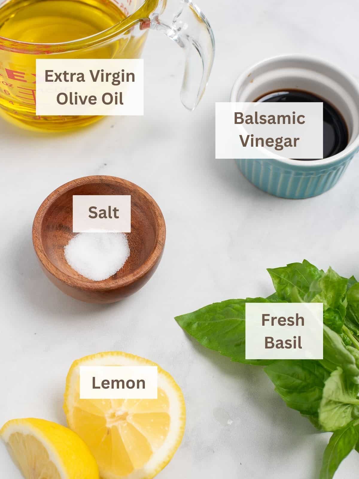 ingredients for balsamic basil vinaigrette.