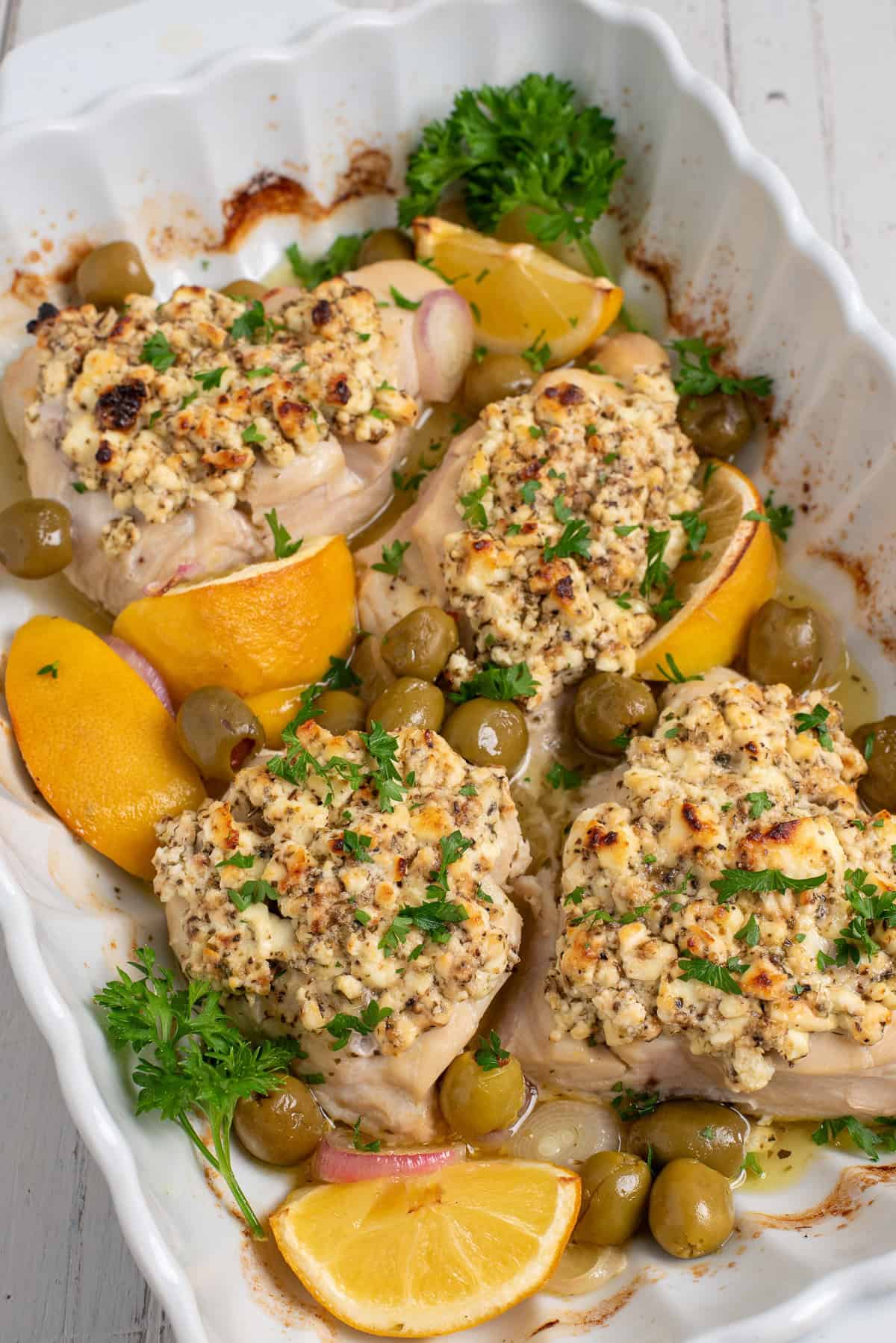 Baked chicken with feta, lemon, and olives