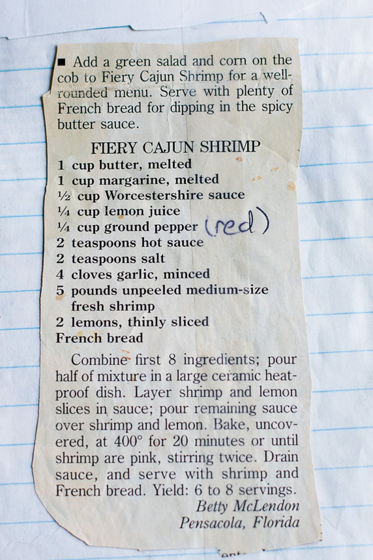 original clipping of fiery cajun shrimp recipe. 