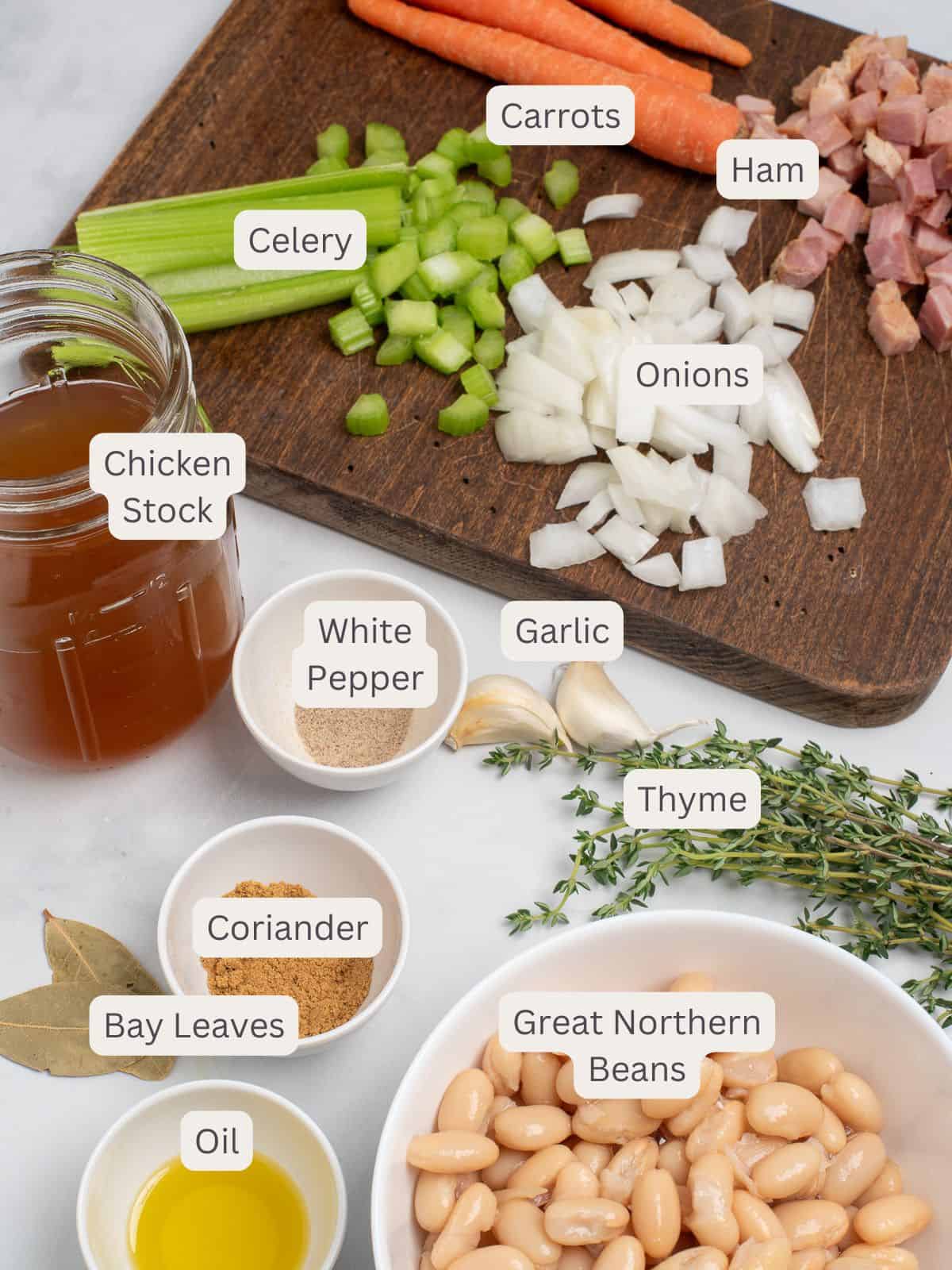 the ingredients needed for making bean soup with ham.