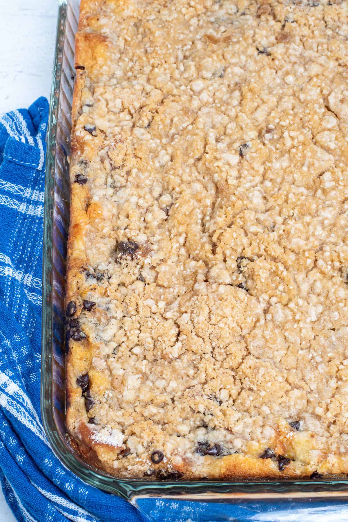 overhead shot of chocolate chip bread pudding with no topping. 