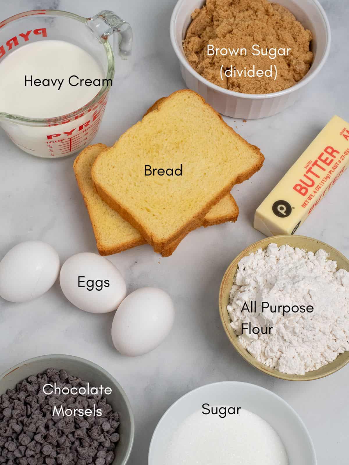ingredients for chocolate chip bread pudding. 