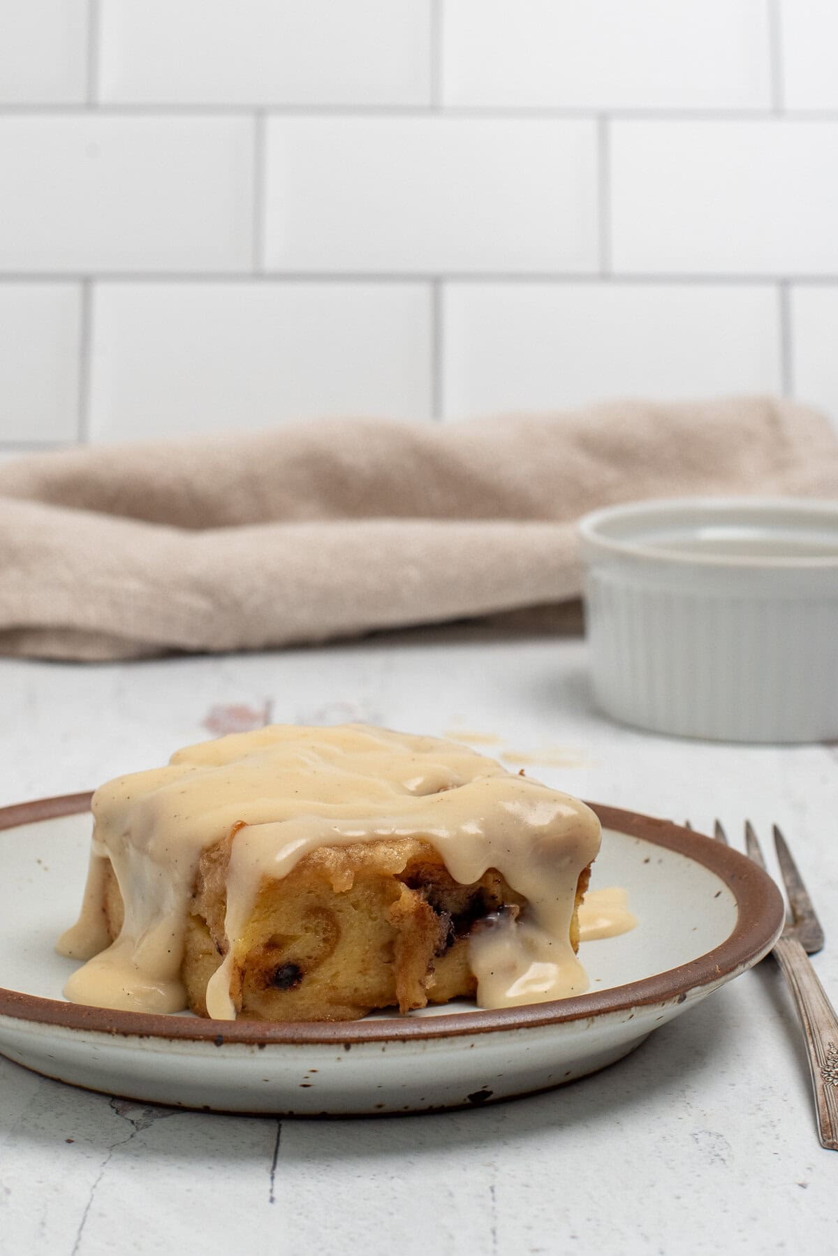 bread pudding on plate.