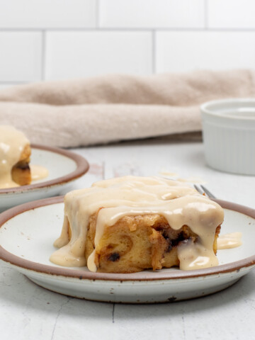 square image of chocolate chip bread pudding.