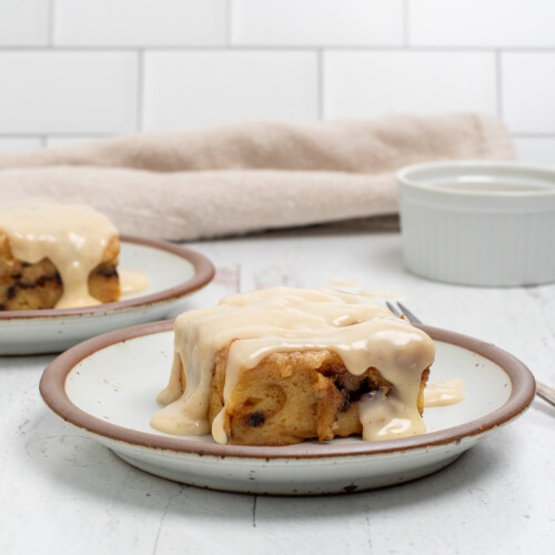 square image of chocolate chip bread pudding.