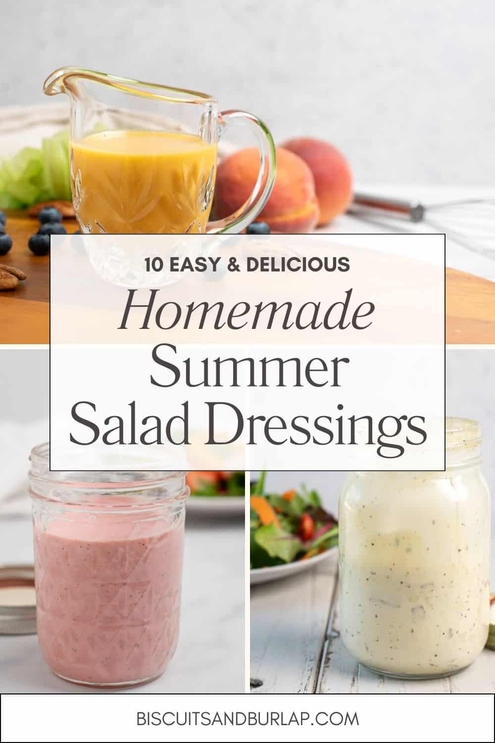 Pin collage of homemade summer salad dressings.
