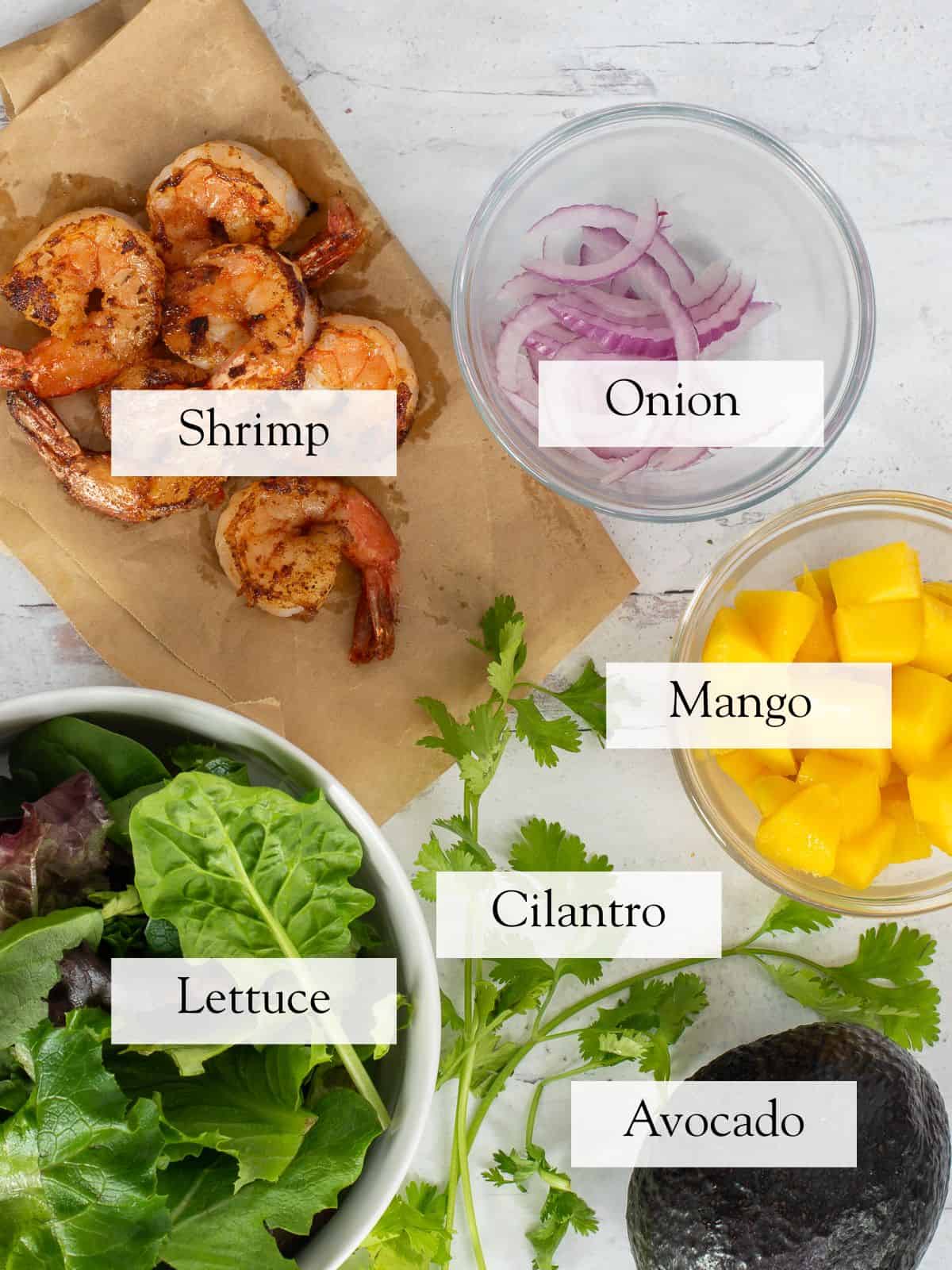 The ingredients needed for making Mango Shrimp Salad on a white countertop.