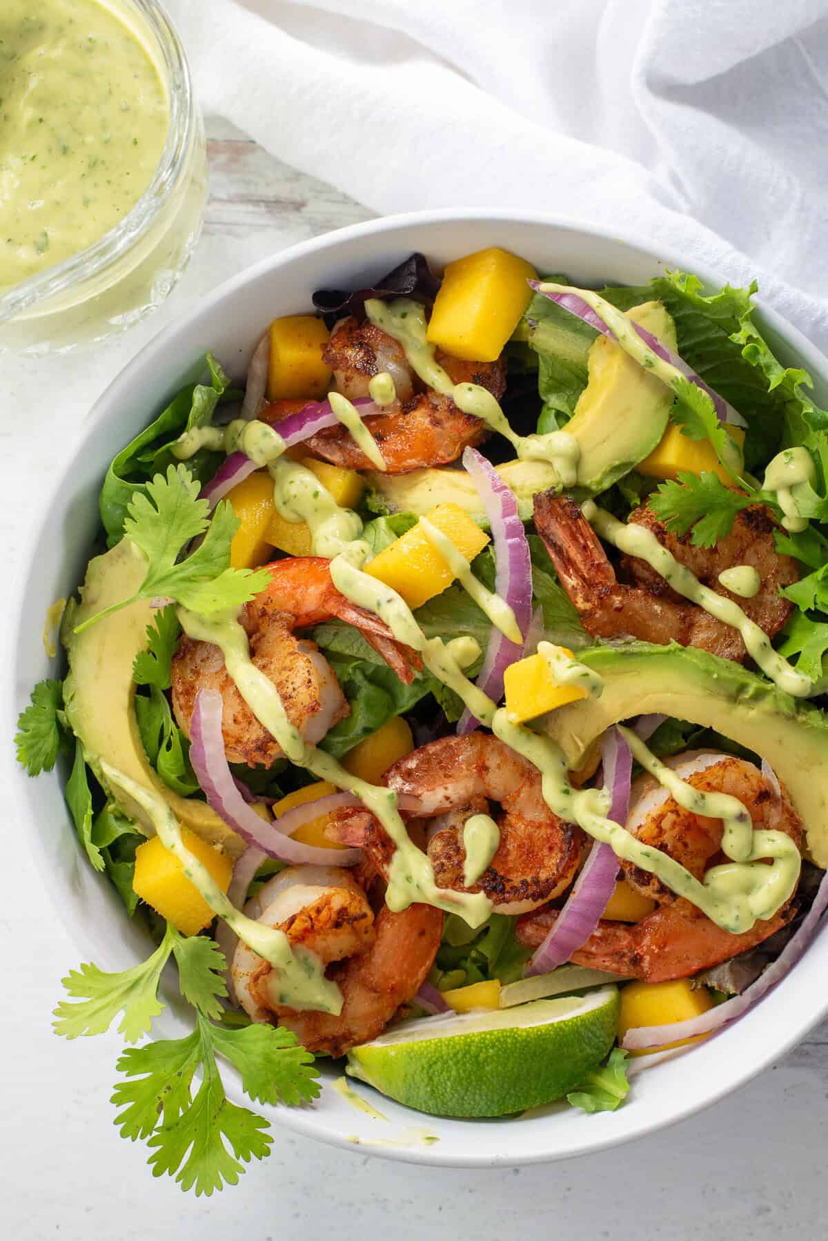 Mango and shrimp salad in a white bowl.