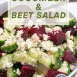 Cucumber and beet salad with the recipe title in text overlay.