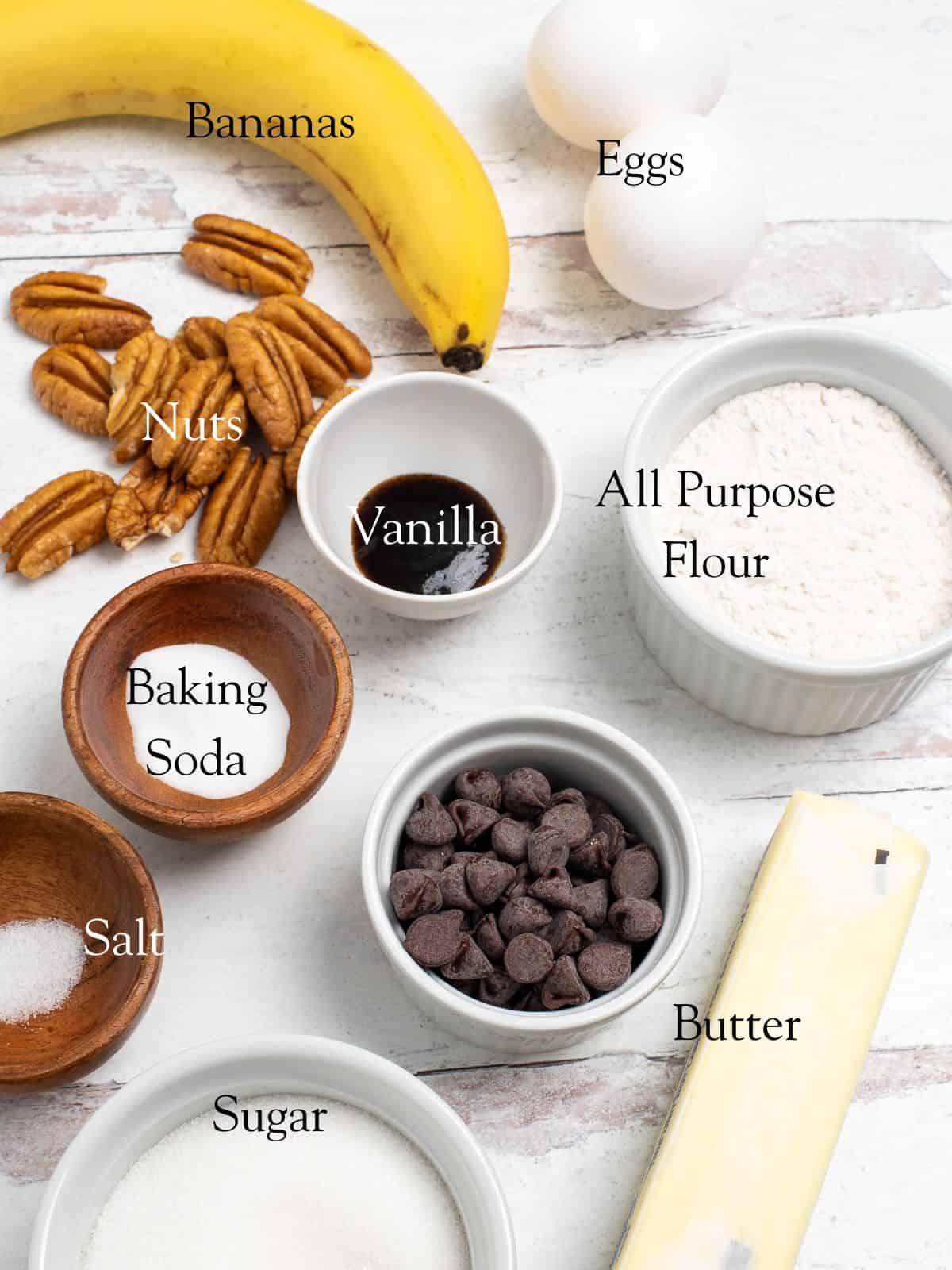 ingredients for banana nut bread with chocolate chips. 