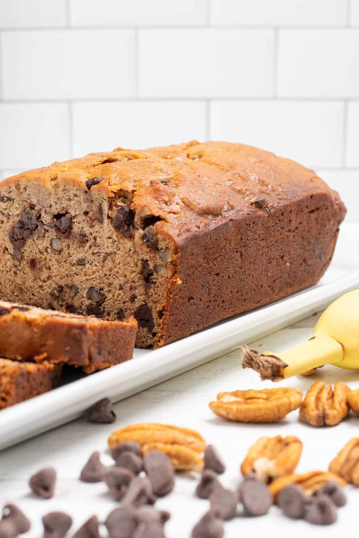 loaf of banana nut bread with chocolate chips. 