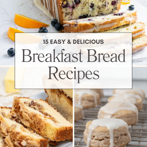 Text overlay says "15 easy & delicious breakfast bread recipes" with pound cake, loaf bread with blueberries, and biscuits covered in glaze are seen in background.