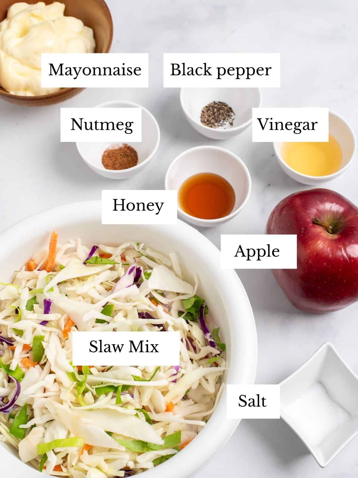 Individual bowls of cabbage, spices, vinegar, mayonnaise, honey, and an apple on a light background.